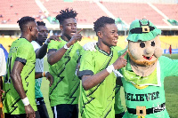 Dreams FC players celebrate a goal during a GPL fixture | File photo