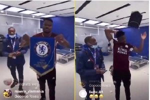 Screengrab of Amartey displaying and tossing over a Chelsea pennant