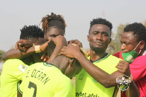 Dreams FC players celebrate a goal during a GPL ficture