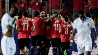 Egypt squad celebrating Salah's goal