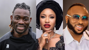 A photo collage of Christian Atsu, Tonto Dikeh and husband