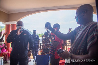 Former President, John Dramani Mahama exchanging pleasantries with Tongor traditional leaders