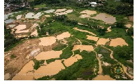 An aerial view of a water body destroyed by galamsey