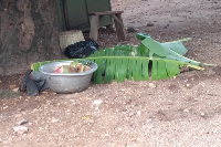 The lifeless body of he victim covered with plantain leaves