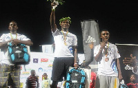 Male seniors winner Opoku (M) flanked by first and second runners-up