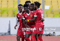 Asante Kotoko players celebrating a goal