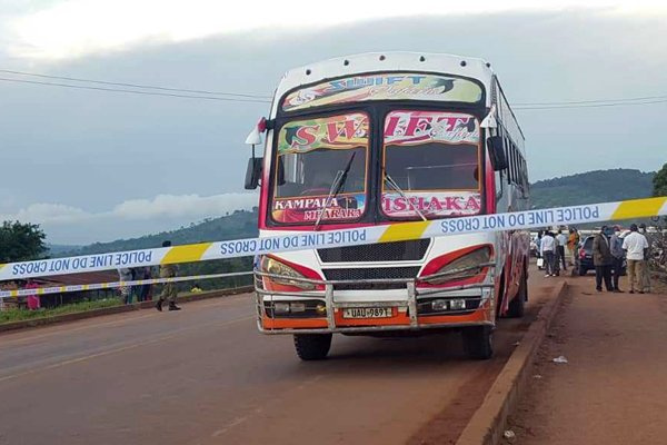 The bus on which an explosion killed two people in Mpigi District on October 25, 2021