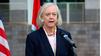 US Ambassador to Kenya Meg Whitman during a press briefing at the US Embassy in Nairobi, Kenya.