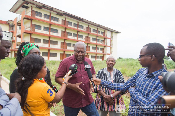 Former President, John Dramani Mahama being interviewed at one of the E Block schools