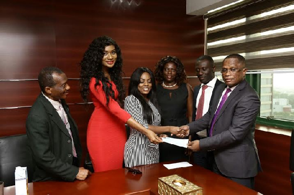 ana Aba and Sandra Ankobiah receiving the cheque