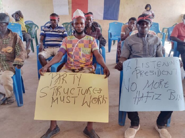 Some NPP members holding a placard with the inscription 'Party structures must work'