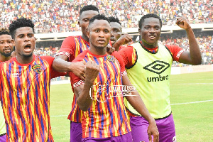 Asante Kotoko and Accra Hearts of Oak players in a Ghana Premier League game