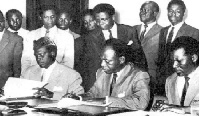 L - R: President Modibo of Mali, Ghana's Nkrumah and Toure of Guinea sign a pact