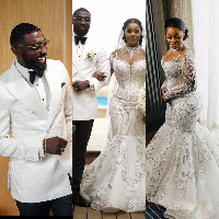 Kojo Jones and wife at their white wedding