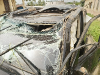 The mangled Toyota Landcruiser of NPP Nasara coordinator, Abdul Aziz Haruna Futa