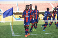 Legon Cities players celebrate the lone goal