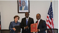 (L-R) MCC CEO Alice Albright,President William Ruto Mr. Njuguna Ndung’u pose for a photo a