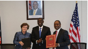 (L-R) MCC CEO Alice Albright,President William Ruto Mr. Njuguna Ndung’u pose for a photo a