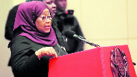 President Samia Suluhu Hassan speaks during the swearing-in of permanent secretaries and others