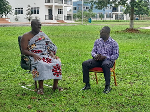 Dormaahene Osagyefo Oseadeeyo Agyemang Badu on set with host of The Lowdown, Daniel Oduro