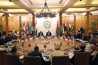 Permanent representatives of the Arab League take part in an emergency meeting