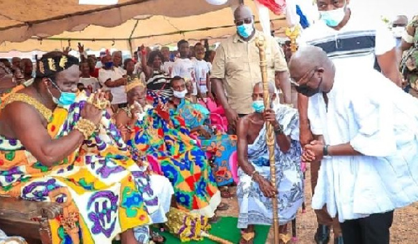 Nana Kwame Akonu X (seated) being greeted by Vice-President Dr Mahamudu Bawumia