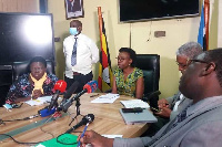 Health Minister, Dr Jane Ruth Aceng (centre) and other officials address journalists in Kampala