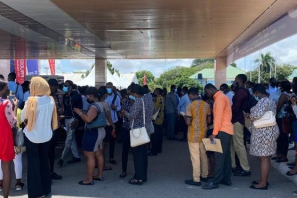 Young people lined up at a job fair in Accra