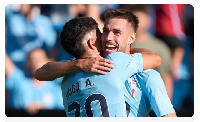 Mingueza of RC Celta de Vigo celebrates with Hugo Alvarez after scoring his teams first goal