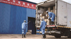 Workers load anchovy products into a truck in Kwale, Kenya