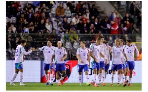 Players of Italy celebrate after scoring the 0-1 goal during the UEFA Nations League soccer match