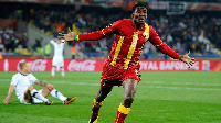 Asamoah Gyan celebrating his goal against USA in the 2010 World Cup