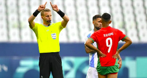 Referee Glenn Nyberg gestures after VAR disallowed Argentina's second goal