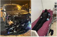 The wrecked car and Yomi casual on a hospital bed receiving treatment