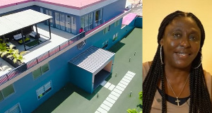 Bernice Preprah and one of her homes made from cargo containers