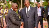 President Nana Addo Dankwa Akufo-Addo in a handshake with Ivorian President, Alassane Ouattara