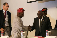 President Akufo-Addo (r) with Former Nigerian President Olusegun Obasanjo at a book launch