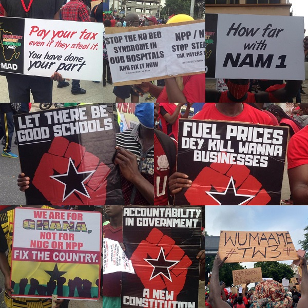 Some of the placards displayed during the demonstration