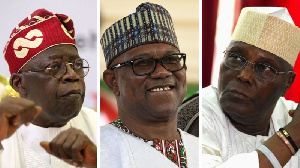 Bola Tinubu (L), Peter Obi (C) and Atiku Abubakar (R) na frontrunners to become Nigeria next pres