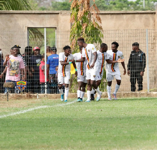 Hearts of Oak players celebrate after scoring a stunning goal