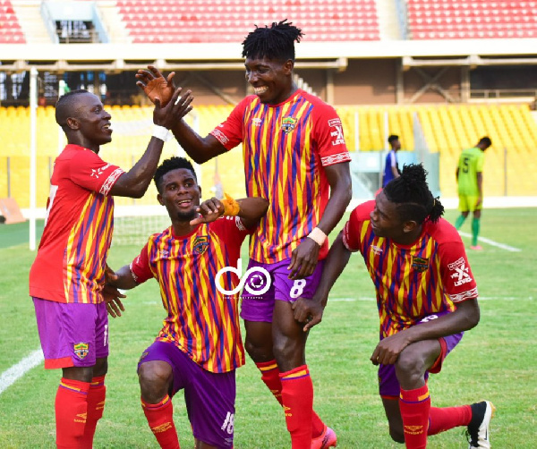 Hearts of Oak players celebrate after scoring in the GPL