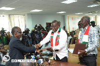 Sylvester Mensah exchanging pleasantries with Asiedu Nketia, General Secretary of the NDC