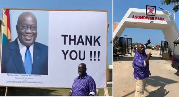 Koku Anyidoho at the entrance of the Asomdwee Park