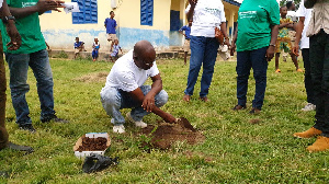 One of the team members planting a seedling at Addo Nkwanta