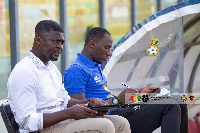 Hearts of Oak head coach, Samuel Boadu(White), assistant Hamza Mohammed(Blue)