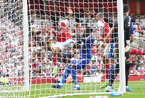 Daniel Amartey attempts to stop Gabriel Jesus from scoring