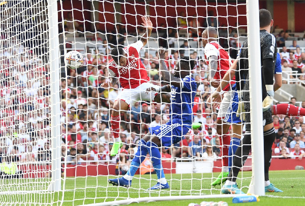 Daniel Amartey attempts to stop Gabriel Jesus from scoring