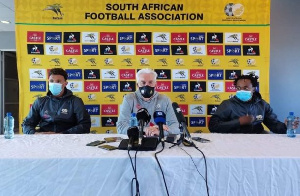 South Africa coach Hugo Broos (middle) at the post-match press conference