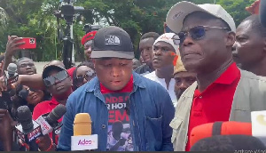 Samuel Okudzeto Ablakwa leading a protest against the sale of SSNIT hotels to Rock City Hotel