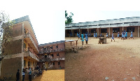 A dilapidated administrative block (left) and crumbling dining hall on the campus